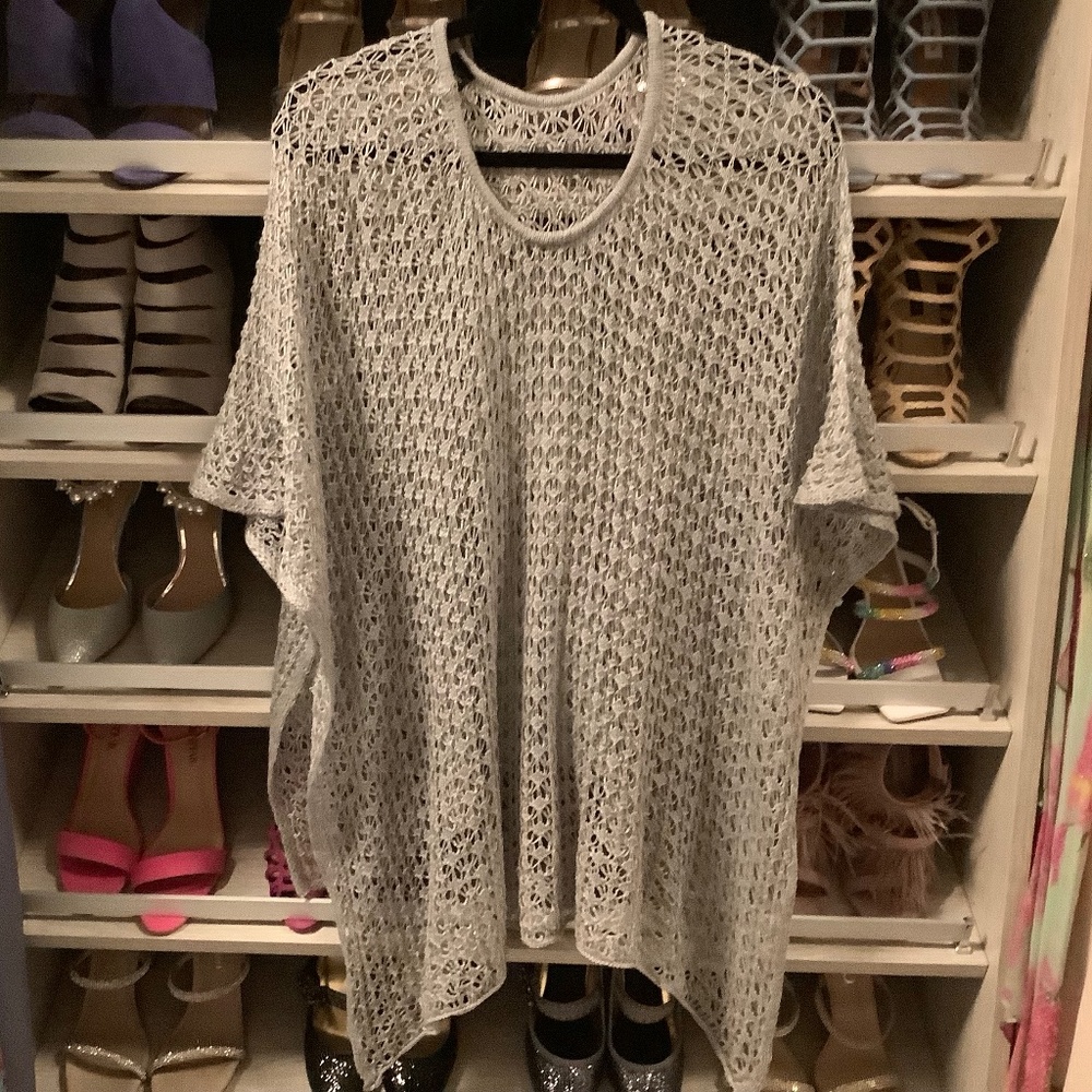 One size fits all Silver Grey Crochet Butterfly Sleeve Overlay Poncho Sweater